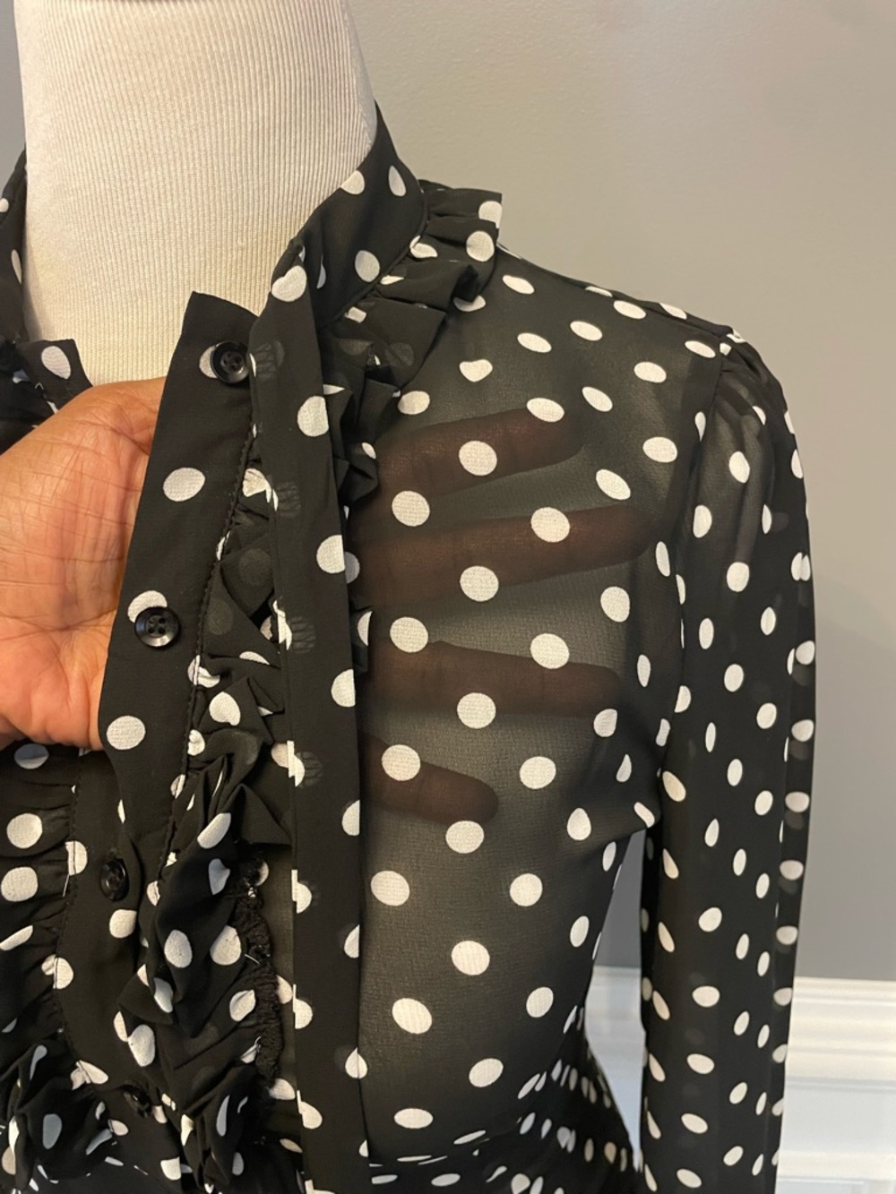 Fashion Nova Black and White Polka Dot Ruffle Tie-Neck Blouse - Picture 11 of 13